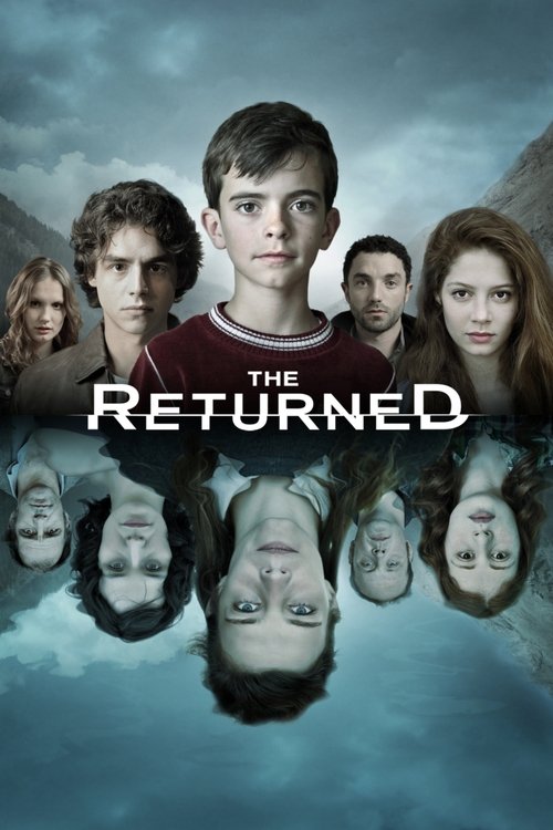 The poster features a group of young people with eerie, ghostly reflections in the water below. The central boy stands with a serious expression, surrounded by others with haunting faces. The muted blues and grays of the background create a somber, mysterious atmosphere.