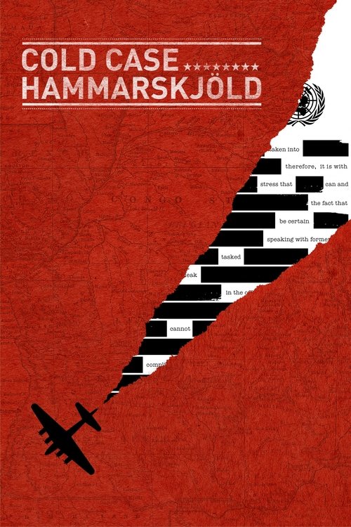 The poster features a stark red background with a torn black-and-white pattern resembling a map or document. The title "COLD CASE HAMMARSKJÖLD" is prominently displayed in white text. A small airplane flies diagonally across the bottom, suggesting a sense of urgency or historical significance. Th...