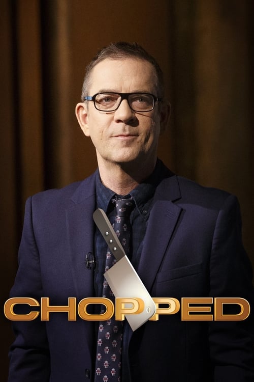 The poster features a confident man in a sharp suit with glasses, holding a knife aloft against a warm, golden backdrop. The bold, metallic gold text "CHOPPED" dominates the lower portion, evoking a sense of humor and culinary intensity. The overall mood is playful yet authoritative, capturing th...