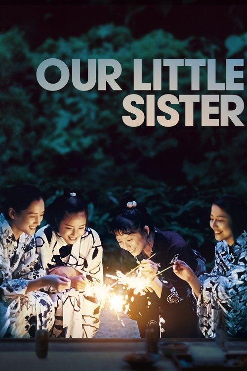 The poster features four young girls in traditional Japanese clothing, holding a glowing lantern that illuminates their faces. The warm light contrasts with the dark, moody background, creating a nostalgic and intimate atmosphere. The title "Our Little Sister" is prominently displayed in bold, wh...