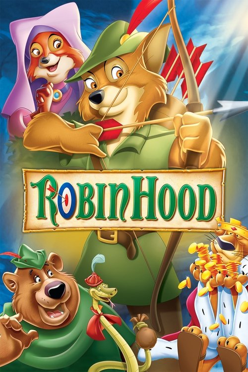 This vibrant movie poster features Robin Hood in his iconic green hat and bow, surrounded by his loyal friends—Sherlock, the fox, and the bear—against a dynamic blue sky. The poster exudes a classic adventure mood with rich colors and playful character designs, capturing the spirit of the story.