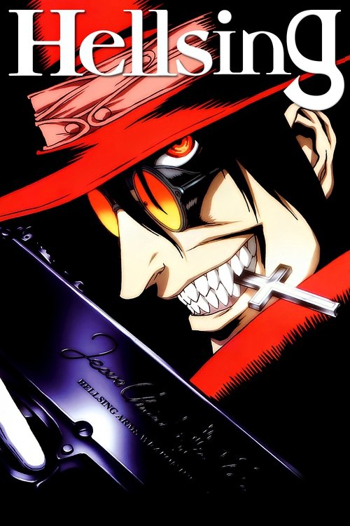 The poster features a menacing figure with glowing red eyes and sharp teeth, set against a dramatic red and black background. The title "Hellsing" is prominently displayed at the top in bold, stylized lettering. The overall mood is dark and intense, evoking a sense of danger and suspense.