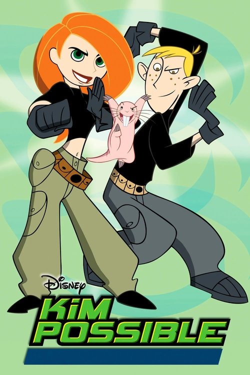 The poster features Kim Possible with vibrant orange hair and a confident smile, standing beside her equally confident partner, a man with blonde hair and a black hat. The scene exudes a playful, energetic mood with bright colors like green and blue. The Disney logo and "Kim Possible" title are p...