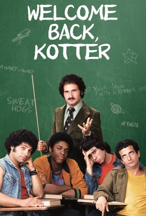 The poster features six diverse teenagers gathered around a desk, exuding camaraderie and youthful energy. The vibrant green chalkboard background with playful doodles adds a whimsical touch, while the warm, inviting colors of their clothing create a welcoming atmosphere. The mood is one of frien...