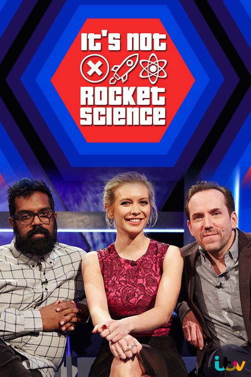 The poster features three hosts in a vibrant blue and red hexagonal design. The mood is professional yet energetic, with a sense of excitement about the upcoming show. The hosts are dressed in casual attire, suggesting a relaxed and approachable atmosphere. The logo of "IT'S NOT ROCKET SCIENCE" i...