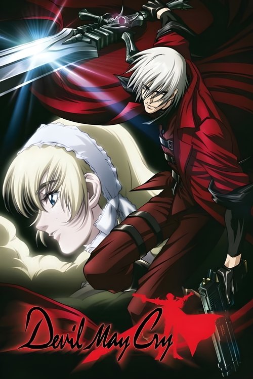 This poster features two characters from "Devil May Cry" in dramatic poses against a dark, dramatic background. The character on the left is lying down with a glowing sword, while the character on the right stands with a red cape and sword. The colors are dark with red accents, creating a mysteri...