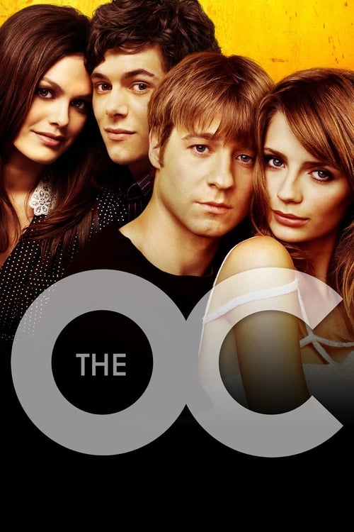 The O.C. poster features four young people against a warm yellow background, exuding youthful energy and charm. The central figure looks directly at the viewer with a confident smile, while the others frame him with a mix of curiosity and affection. The bold "O.C." logo in gray circles anchors th...
