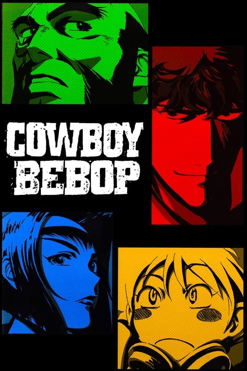 This poster features four distinct characters in bold, contrasting colors—green, red, blue, and yellow—against a black background. The title "Cowboy Bebop" is prominently displayed in white, evoking a classic noir aesthetic. The mood is mysterious and dramatic, capturing the essence of the show's...