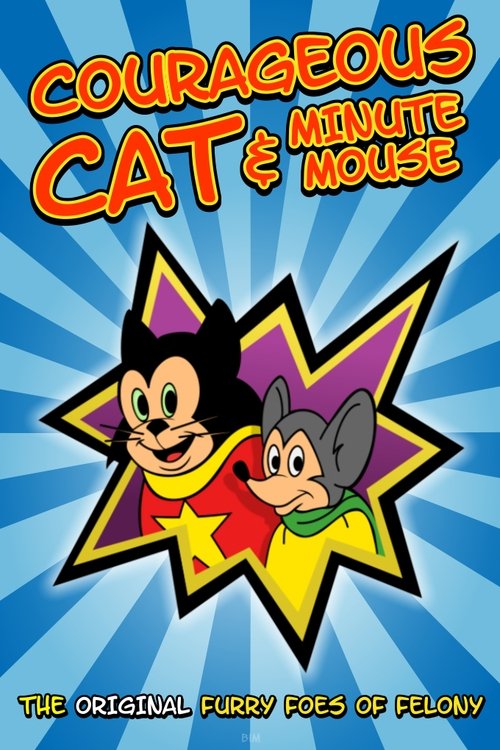 This TV show poster features two animated characters, a black cat and a grey mouse, standing in a dynamic pose against a starburst background. The vibrant colors of red, yellow, and purple create an energetic and playful atmosphere, suggesting a fun and adventurous story.