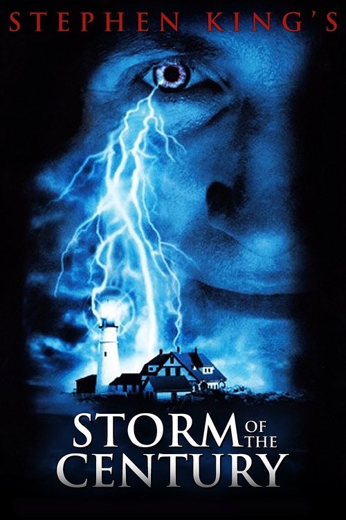The poster features a haunting blue-toned image of a woman's face, with a dramatic lightning bolt striking from her eye down to the horizon. The title "Storm of the Century" is prominently displayed in bold, white letters at the bottom. The overall mood is eerie and suspenseful, evoking a sense o...