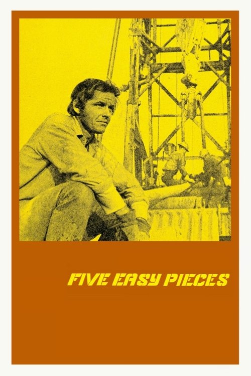 The poster features a sepia-toned image of a man sitting on a porch, surrounded by industrial scaffolding. The warm yellow-orange background contrasts with the muted tones of the photograph, creating a nostalgic and slightly melancholic atmosphere.