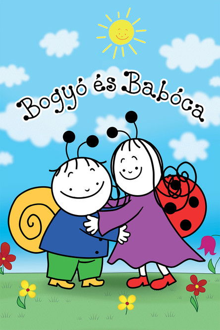 This cheerful poster features two children, a boy in a blue shirt and a girl in purple, embracing under a bright sun. The vibrant colors of the sky, flowers, and ladybug create a joyful, playful atmosphere, suggesting a friendly and animated story about friendship and happiness.