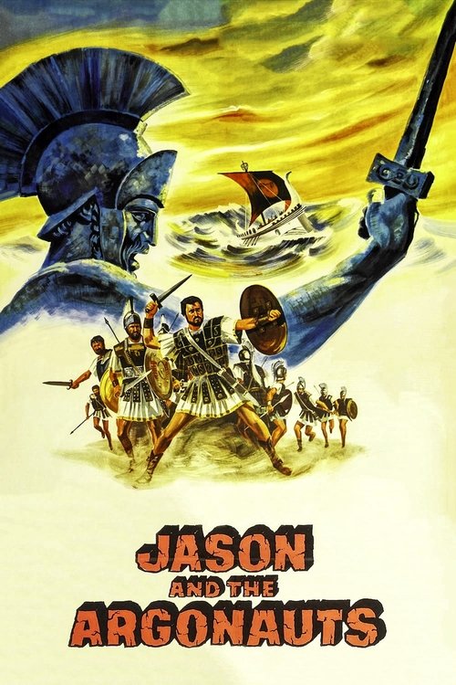 This poster depicts a dramatic scene with Jason and his Argonauts in an epic battle, set against a fiery yellow background. The vibrant colors and dynamic action convey a sense of adventure and danger.