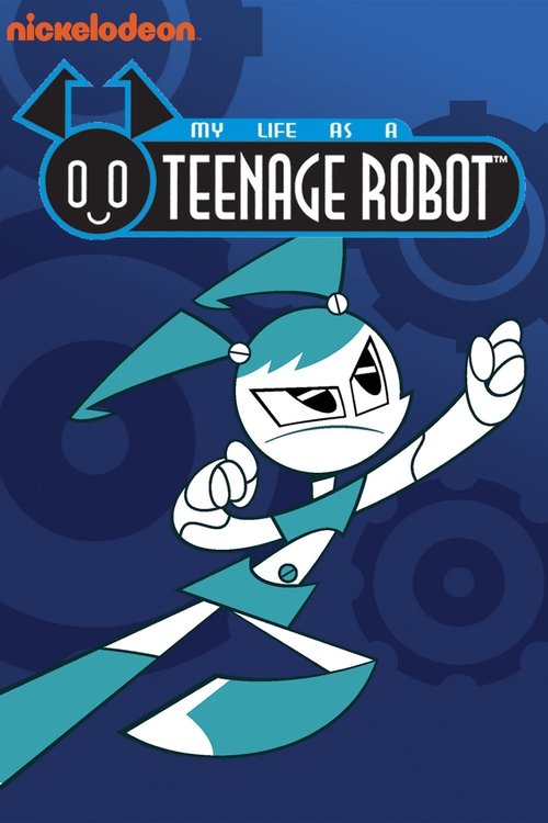This Nickelodeon poster features a dynamic teenage robot character in teal and white, exuding energy against a dark blue background. The bold title and playful design convey a youthful, adventurous spirit, capturing the essence of a sci-fi teen adventure.