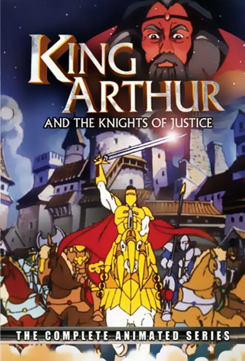 The poster features a dramatic scene with King Arthur in golden armor holding a sword, surrounded by knights in colorful armor. The background shows medieval architecture under a starry sky, creating a mystical and heroic atmosphere. The colors are rich and vibrant, emphasizing the epic fantasy t...