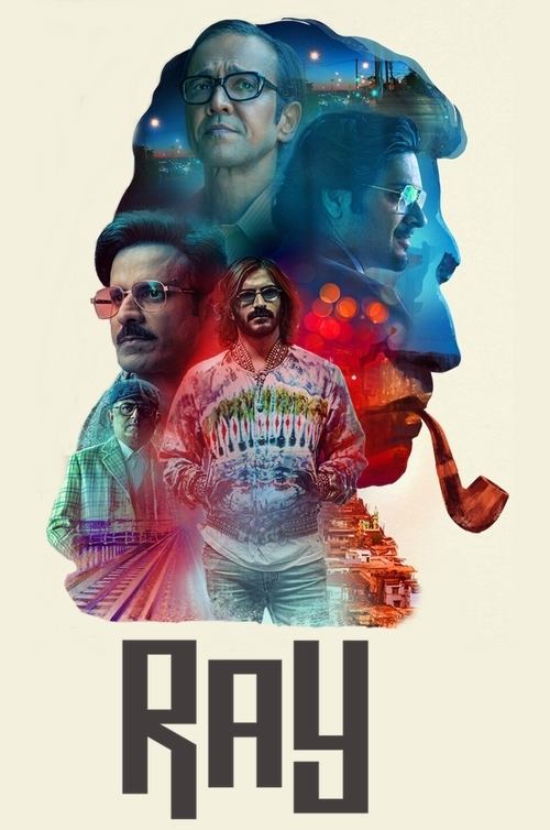 This poster features a vibrant collage of stylized human faces in shades of blue, red, and green, creating a surreal and artistic atmosphere. The bold, blocky typography "RAY" anchors the composition, suggesting a bold, modern narrative. The overall mood is dynamic and visually striking, evoking ...