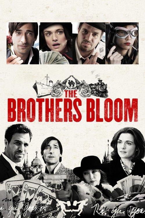 The poster features five characters in sepia-toned portraits, exuding mystery and intrigue. The title "The Brothers Bloom" is prominently displayed in bold red letters, with a vintage ship motif above it. The overall mood is nostalgic and cinematic, capturing the essence of a classic film.
