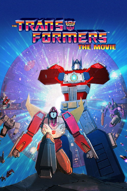 The Transformers movie poster features a dynamic scene with Optimus Prime in the center, surrounded by smaller robot figures in vibrant reds, blues, and yellows. The background is filled with swirling cosmic energy and futuristic city lights, creating an energetic and adventurous atmosphere. The ...