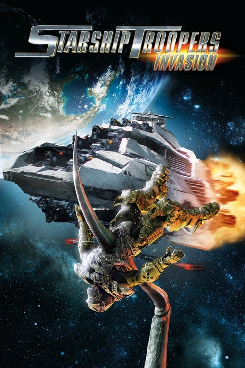 The poster features a dramatic scene with a soldier in a tactical uniform and a large alien creature, set against a backdrop of space with stars and planets. The colors are vibrant, with fiery oranges and greens contrasting against the dark space. The mood is intense and action-packed, capturing ...