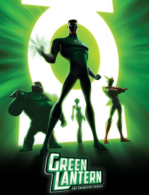 The poster features four Green Lanterns in dynamic poses against a vibrant green background, with the iconic "6" symbol glowing brightly behind them. The mood is energetic and heroic, capturing the essence of the animated series' adventurous spirit.