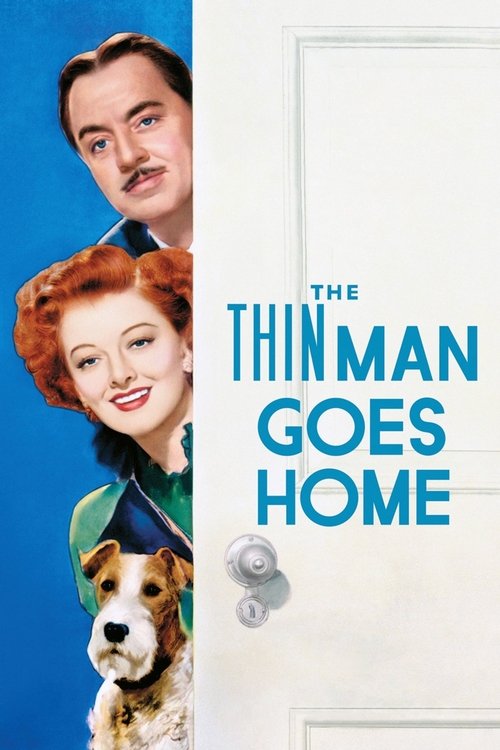 The poster features a man, woman, and dog against a blue background, with the title "The Thin Man Goes Home" prominently displayed in bold blue letters. The image evokes a nostalgic, slightly melancholic mood, capturing the essence of the film's themes.