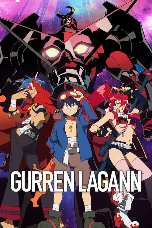 This poster showcases the vibrant and dynamic art style of "Gurren Lagann," featuring a group of animated characters in colorful outfits against a dramatic, space-themed background. The mood is energetic and adventurous, capturing the essence of the show's lively and humorous tone.
