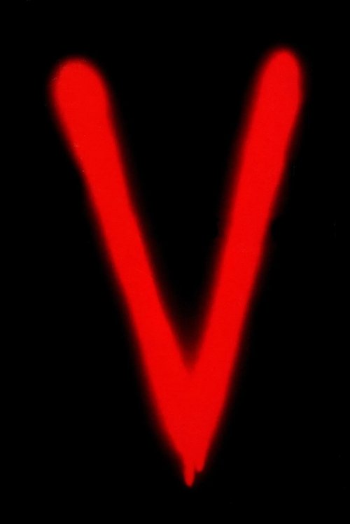 A striking red "V" dominates the black background, symbolizing hope and resilience.