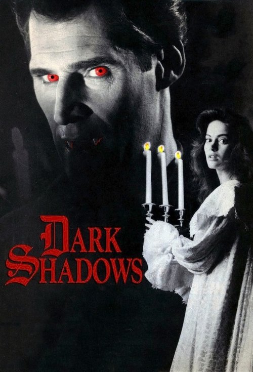 The poster features a menacing man with glowing red eyes and a dark, shadowy background, while a woman in period attire holds candles, creating a spooky atmosphere. The title "Dark Shadows" is prominently displayed in red lettering, emphasizing the show's eerie and supernatural theme.