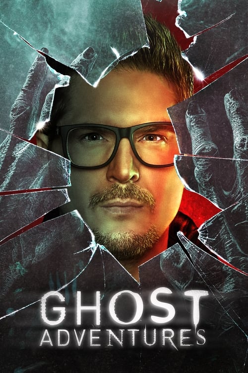 A man with glasses and a beard looks through a shattered glass window, surrounded by dark, mysterious colors. The mood is eerie and suspenseful, hinting at supernatural adventures.