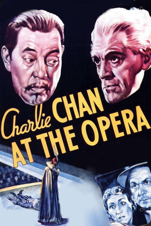 This vintage movie poster features two distinguished men in dramatic close-ups against a dark background, evoking mystery and intrigue. The bold yellow text "Charlie Chan at the Opera" stands out, suggesting a classic detective story. The overall composition, with its rich colors and dramatic exp...
