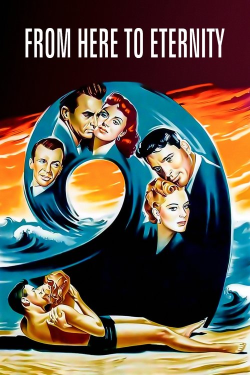 This movie poster depicts a dramatic scene with a woman in a bikini lying on the ocean floor, while four men stand atop a massive wave. The warm orange and yellow hues create an intense, hopeful atmosphere, symbolizing the passage of time and the enduring spirit of the characters.