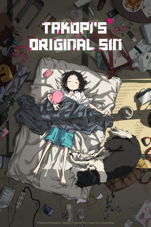 The poster depicts a chaotic bedroom scene with a character lying in bed, surrounded by scattered items like books, papers, and toys. The mood is dark and mysterious, with muted colors and a sense of disarray. The title "Takopi's Original Sin" is prominently displayed at the top.