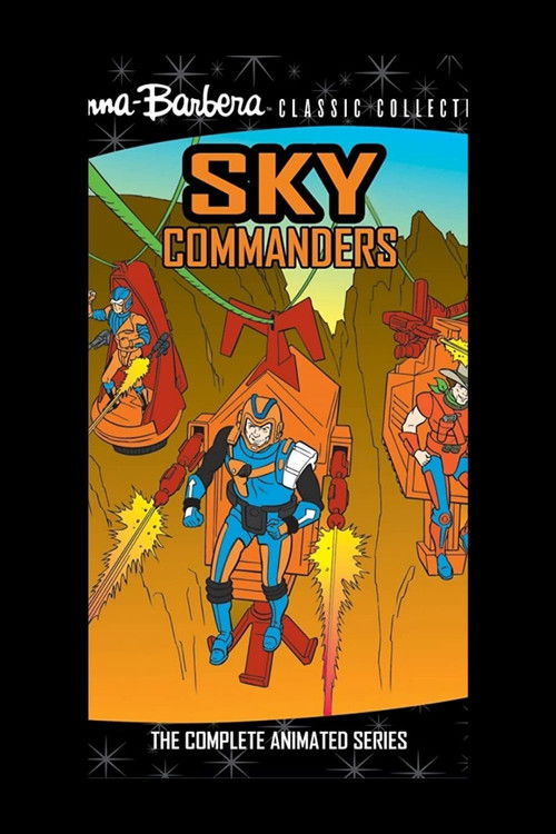 This comic book poster features three animated characters in vibrant orange and blue spaceships against a desert backdrop. The dynamic composition conveys action and adventure, with a sense of motion captured through splashes and energy effects. The bold title and classic design evoke nostalgia f...