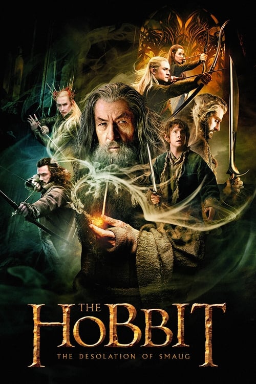 The poster features a central figure with a glowing staff, surrounded by adventurers in medieval fantasy attire. The dark, moody background with swirling green and gold hues creates an epic atmosphere. The title "The Hobbit" is prominently displayed in golden lettering, emphasizing the film's adv...