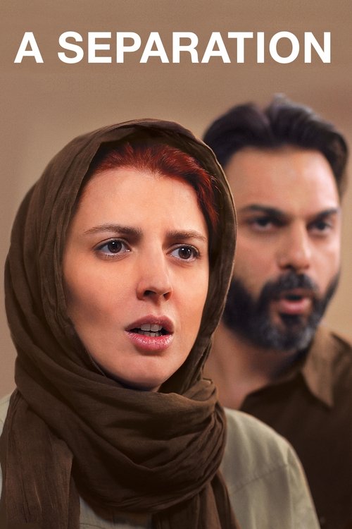 The poster features a woman in a brown hijab with a concerned expression, while a man with a beard and dark hair stands behind her. The muted tones and somber mood suggest a dramatic or emotional story about separation.