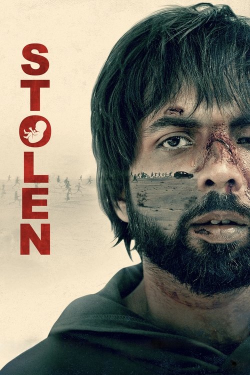 The poster features a rugged man with a bloodied face and intense gaze, set against a desolate, dusty background. The word "STOLEN" is boldly displayed in red, evoking themes of loss and betrayal. The overall mood is somber and gritty, suggesting a story of betrayal and revenge.