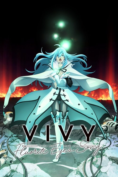The poster features a striking blue-haired character with flowing hair, exuding elegance against a dramatic backdrop of fiery reds and dark tones. The title "Vivy" is prominently displayed in bold, metallic letters, while the subtitle "Fluorite Eye's Song" glows softly below. The overall mood is ...