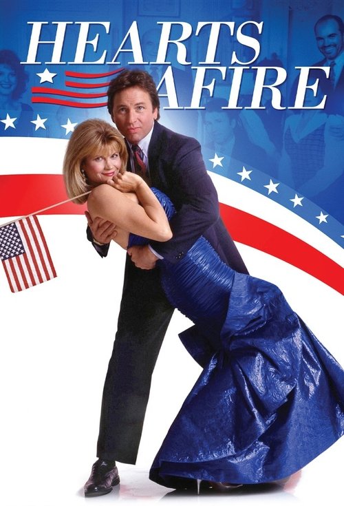 The poster features a man and woman in patriotic attire, with the man holding the woman against a backdrop of stars and stripes. The deep blue dress and red and white accents evoke a sense of national pride and warmth, capturing a moment of affection and unity.