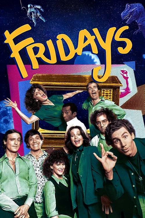 The poster features seven characters in green outfits against a vibrant, dreamy background with a floating castle. The mood is whimsical and nostalgic, capturing the essence of the show's quirky humor and vibrant personalities.