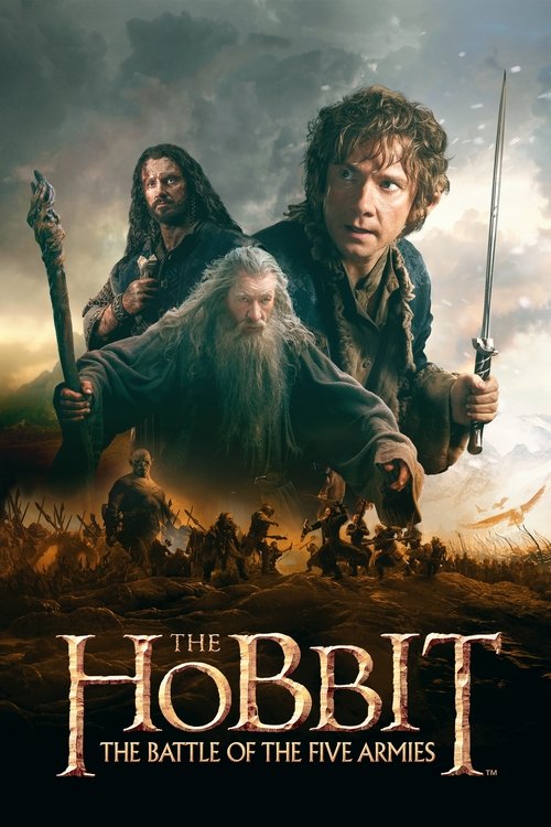 The poster features a dramatic scene with hobbits and elves in combat, set against a fiery sky. The central figure, a young man with a sword, looks determined, while others in the background appear ready for battle. The warm, golden hues and dark tones evoke a sense of epic adventure and historic...