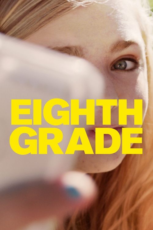 A young girl with red hair gazes through a smartphone, her expression thoughtful and slightly concerned. The bright yellow text "EIGHTH GRADE" dominates the frame, creating a stark contrast against her pale skin. The soft lighting and intimate framing evoke a sense of youthful curiosity and intro...