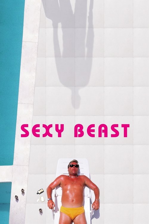 The poster features a shirtless man in a yellow bikini, exuding confidence and allure. The bold pink text "SEXY BEAST" dominates the center, while a shadowy figure looms in the background, adding mystery and intrigue. The overall design suggests a thrilling, edgy movie with a strong visual impact.