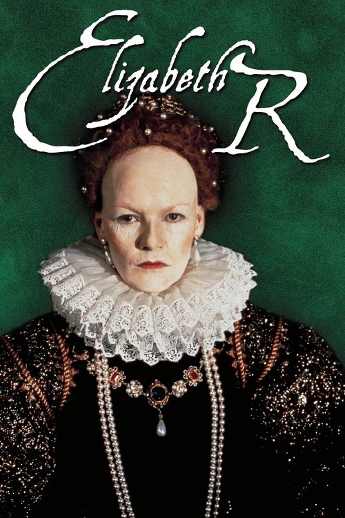 The poster features a striking portrait of Elizabeth R, a woman with pale skin and an intense gaze, wearing a regal black gown adorned with intricate lace and pearls. The background is a deep, rich green, creating a dramatic and mysterious atmosphere. The title "Elizabeth R" is elegantly written ...