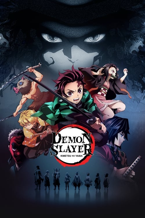 The poster features a dramatic scene with a young girl in green wielding a sword, surrounded by other characters in dark, mysterious attire. The colors are dark and moody, with deep blues and blacks creating a somber yet intense atmosphere. The title "Demon Slayer" is prominently displayed in a r...