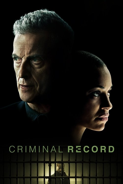 The poster features a dimly lit scene with two characters in profile, one older man and a younger woman, both facing right. The dark background and shadowy lighting create a mysterious and suspenseful mood. The title "Criminal Record" is prominently displayed in green text at the bottom, suggesti...