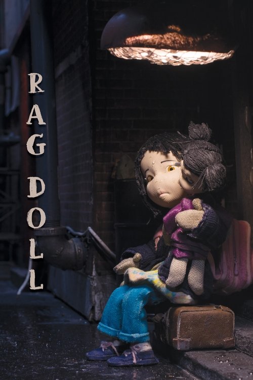 The poster features a small, doll-like figure with a pale face and dark hair, sitting on a suitcase in a dimly lit alleyway. The warm glow of a UFO illuminates the scene, casting shadows and creating a mysterious, eerie atmosphere. The title "RAG DOLL" is prominently displayed in bold, vertical l...