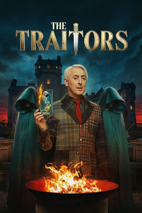 The poster features a man in a plaid coat and red tie holding a glowing orb against a dark, ominous background. Flames dance in a foreground pit, while a castle looms in the distance under a stormy sky. The eerie atmosphere is conveyed through deep blues, fiery oranges, and shadowy figures, evoki...