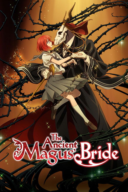 The poster features a dramatic scene with a young woman in a flowing white gown and a man in black, surrounded by dark, gnarled tree branches. The warm orange background contrasts with the cool tones of their clothing, creating a mystical atmosphere. The title "The Ancient Magus' Bride" is elegan...