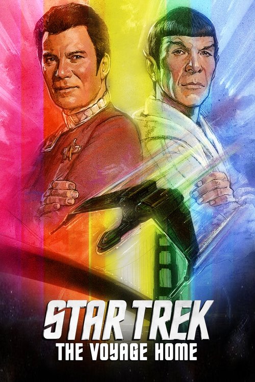 The poster features two characters, Captain Kirk and Spock, standing side by side against a vibrant backdrop of pink, yellow, and blue hues. The mood is dramatic and nostalgic, evoking the classic sci-fi era of the 1970s. The title "Star Trek IV: The Voyage Home" is prominently displayed at the b...
