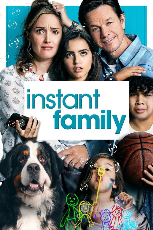 The poster features a vibrant collage of characters from "Instant Family," with a cheerful blue background and playful illustrations. The mood is lighthearted and family-oriented, capturing the essence of the show's comedic and heartwarming tone.